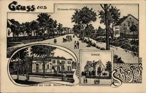 Ak Schönfließ Mühlenbecker Land Oberhavel, Chaussee-Straße, Gasthof zur Linde, Schule