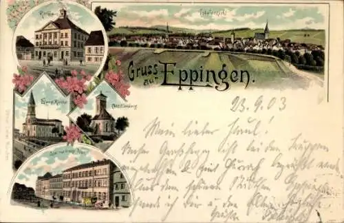 Litho Eppingen in Baden, Gesamtansicht, Rathaus, Kirche, Hotel zur Krone, Post