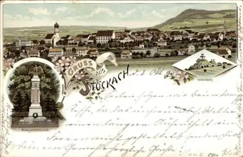 Litho Stockach im Hegau Baden, Gesamtansicht, Kriegerdenkmal, Nellenburg