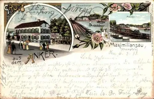 Litho Maximiliansau Wörth am Rhein, Restauration zum Anker, Maxau, Dampflok