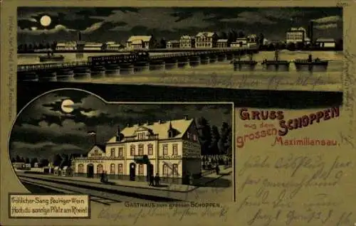 Mondschein Litho Maximiliansau Wörth am Rhein, Gasthaus zum großen Schoppen, Schiffbrücke