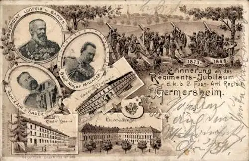 Litho Germersheim am Rhein, Regiments-Jubiläum 1873-1898, 2. Fuss-Artl.-Regiment, Kaserne