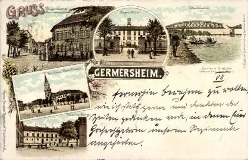 Litho Germersheim am Rhein, Kriegerdenkmal, Kaserne Zoller, Rheinbrücken, Kloster Kaserne