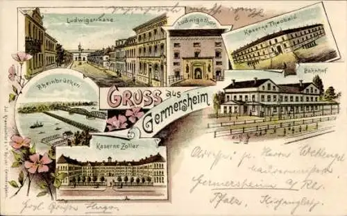 Litho Germersheim am Rhein, Ludwigstraße, Kaserne Zoller, Kaserne Theobald, Bahnhof, Rheinbrücken