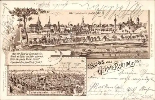 Litho Germersheim am Rhein, Gesamtansicht 1645, Panorama 1898