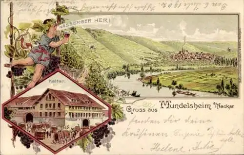 Litho Mundelsheim am Neckar Württemberg, Käsberger Her, Kelter, Flusspartie, Wein