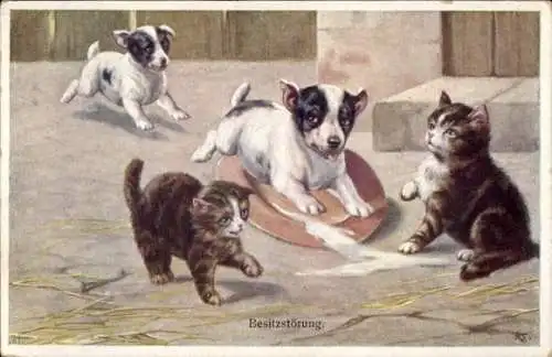 Künstler Ak Besitzstörung, Hunde ärgern Katzen, umgestossene Milchschale, BKWI 853 5