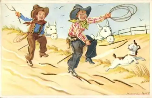 Künstler Ak Holt, Jungen mit Steckenpferden, Lasso, Cowboys