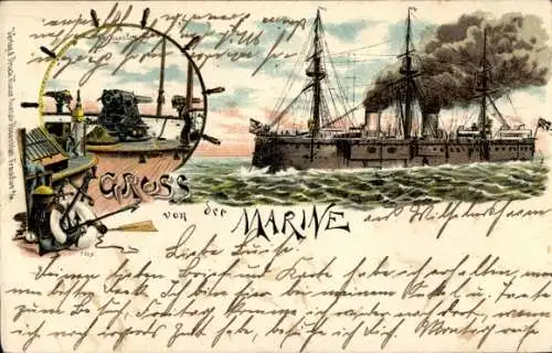 Litho Deutsches Kriegsschiff, Gruß von der Marine