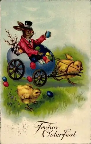 Ak Glückwunsch Ostern, Osterhase, Ostereier, Küken, Weidenkätzchen