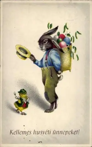 Ak Glückwunsch Ostern, Vermenschlichte Hase und Küken, Ostereier