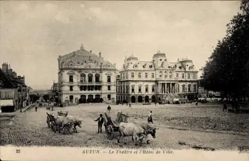 Ak Autun Saône-et-Loire, Theater und Rathaus