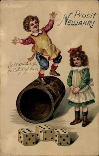 Präge Litho Glückwunsch Neujahr, Junge balanciert auf einem Würfelbecher