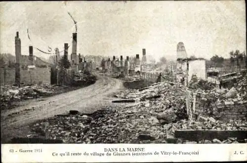 Ak Marne, Was vom Dorf Glannes übrig bleibt, Krieg 1914