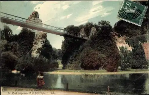 Ak Paris XIX. Buttes Chaumont, Hängebrücke und Belvedere