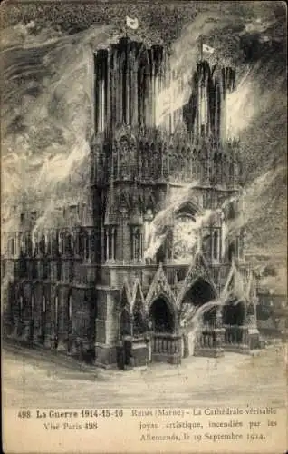 Ak Reims Marne, brennende Kathedrale, Kriegszerstörung