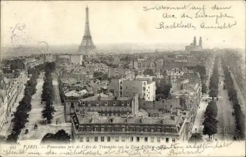 Ak Paris VII, Der Eiffelturm, Eiffelturm, Panorama vom Arc de Triomphe aus aufgenommen