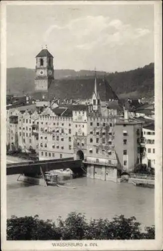 Ak Wasserburg am Inn, Teilansicht, Brücke, Kirche