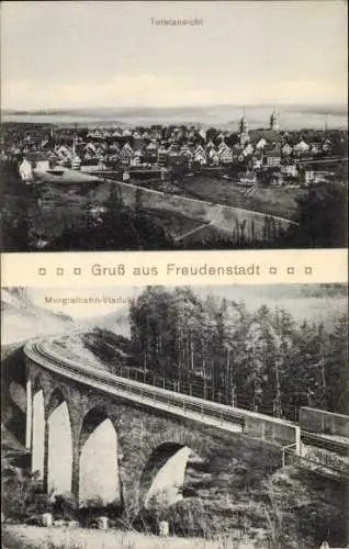 Ak Freudenstadt im Schwarzwald, Gesamtansicht, Murgtalbahn-Viadukt