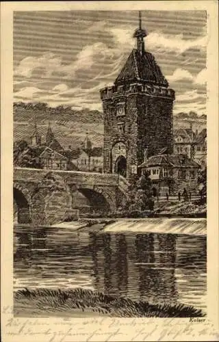 Künstler Ak Esslingen am Neckar, Brücke, Turm, 31. schwäbisches Liederfest 04.-06.07.1925