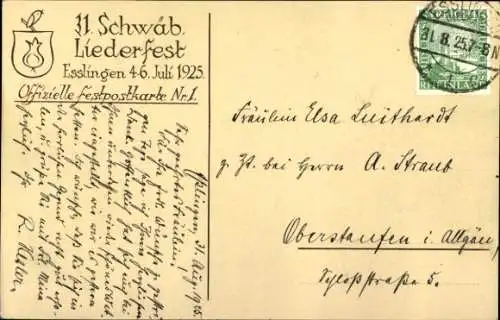 Künstler Ak Esslingen am Neckar, Brücke, Turm, 31. schwäbisches Liederfest 04.-06.07.1925