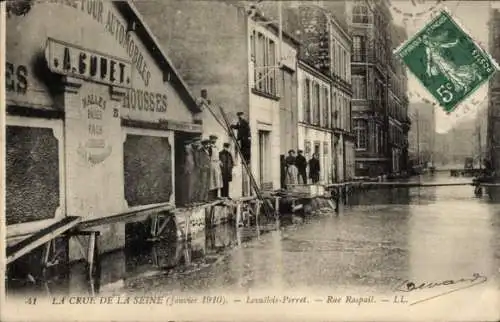 Ak Levallois Perret Hauts de Seine, Rue Raspail, Hochwasser 1910