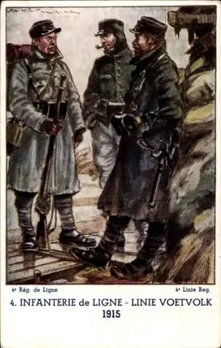 Künstler Ak Soldaten in Uniformen, 4. Infanterie, 1915, Gewehr, Pfeife