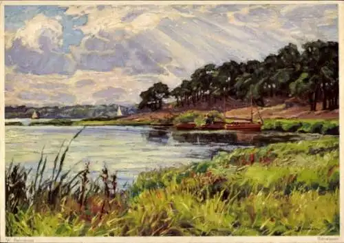 Künstler Ak Herrmann, W., Landschaft mit Gewässer, Wolken, Eduscho, Reklame