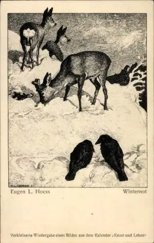 Künstler Ak Hoess, Eugen L., Winternot, Rehe, Raben, Winterlandschaft