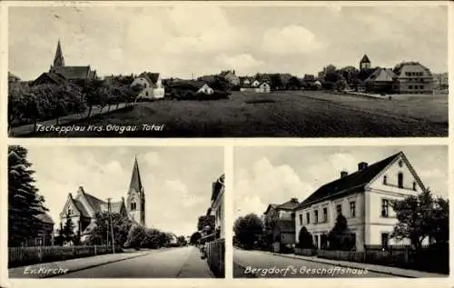 Ak Tschepplau Sława Schlawa Schlesiersee Schlesien, Geschäftshaus, Kirche, Totalansicht