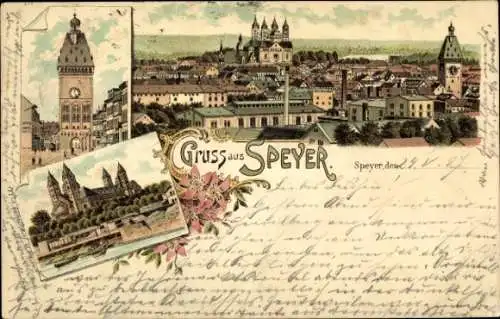 Litho Speyer am Rhein, Gesamtansicht, Altpörtel, Dom