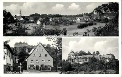 Ak Hartenstein an der Pegnitz Mittelfranken, Gesamtansicht, Geschäftshaus Franz Benaburger, Burg