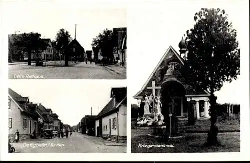 Ak Oetigheim in Baden, Rathaus, Straßenpartie, Kriegerdenkmal