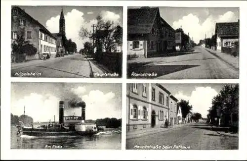 Ak Hügelsheim Kr. Rastatt, Dampfer auf dem Rhein, Hauptstraße, Rathaus, Rheinstraße