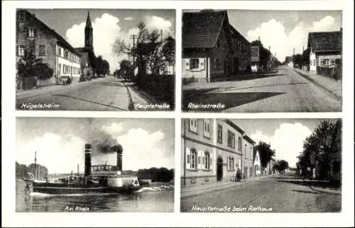 Ak Hügelsheim Kr. Rastatt, Dampfer auf dem Rhein, Hauptstraße, Rathaus, Rheinstraße