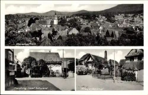 Ak Oberschopfheim Friesenheim in Baden, Gesamtansicht, Kriegerdenkmal, Geschäftshaus