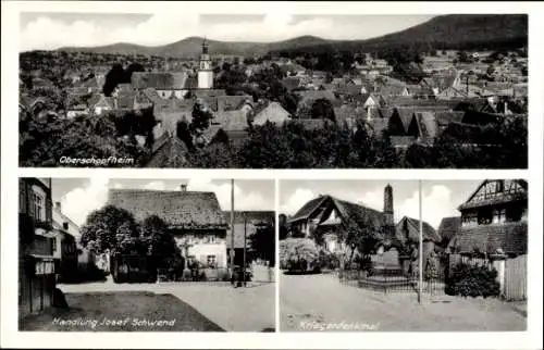 Ak Oberschopfheim Friesenheim in Baden, Gesamtansicht, Kriegerdenkmal, Geschäftshaus