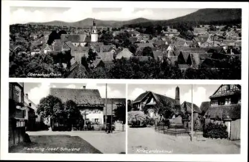 Ak Oberschopfheim Friesenheim in Baden, Gesamtansicht, Kriegerdenkmal, Geschäftshaus