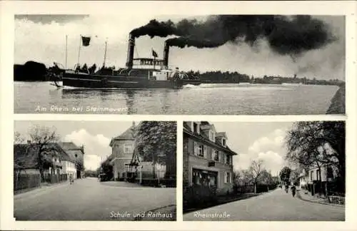 Ak Steinmauern in Baden Württemberg, Dampfer auf dem Rhein, Schule, Rathaus, Rheinstraße