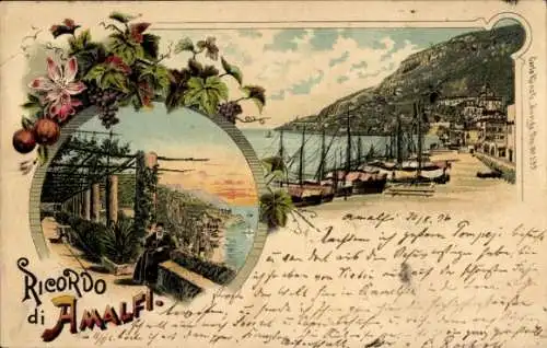 Litho Amalfi Campania, Schiffe im Hafen, Alter Mann auf einer Terrasse