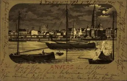 Mondschein Litho Antwerpen Anvers Flandern, Blick auf die Stadt vom Wasser aus, Segelboote