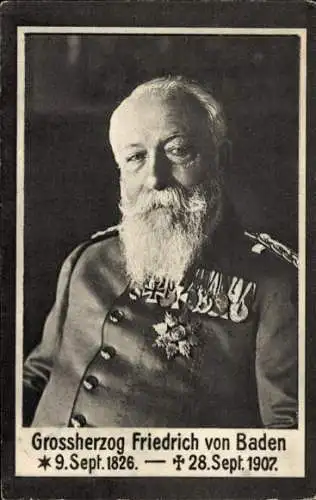 Ak Großherzog Friedrich von Baden, Portrait, Uniform, Orden, Trauerkarte zum Tod 1907