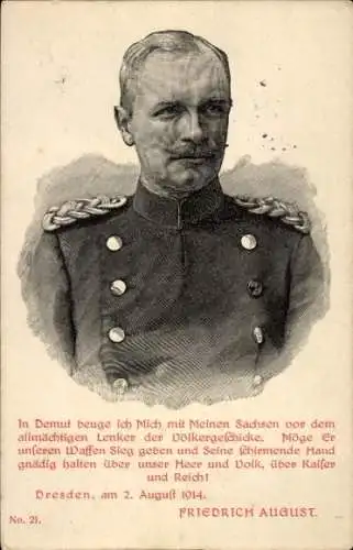 Ak König Friedrich August III. von Sachsen, Zitat 2. August 1914