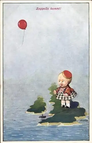 Künstler Ak Kriwub, Zeppelin kommt, Schotte lässt Luftballon los, Propaganda Kaiserreich
