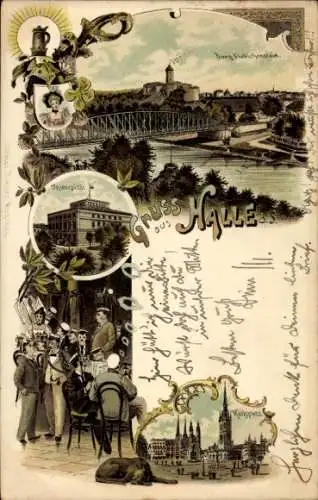 Litho Halle an der Saale, Burg Giebichenstein, Universität, Marktplatz, Studenten