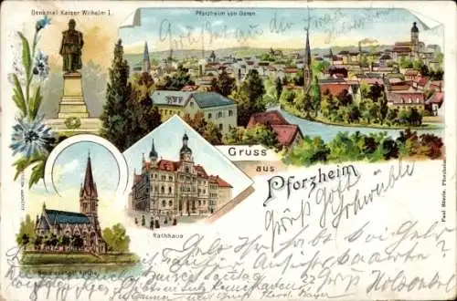 Litho Pforzheim im Schwarzwald, Panorama von Osten, Rathaus, Neue evgl. Kirche, Kaiserdenkmal