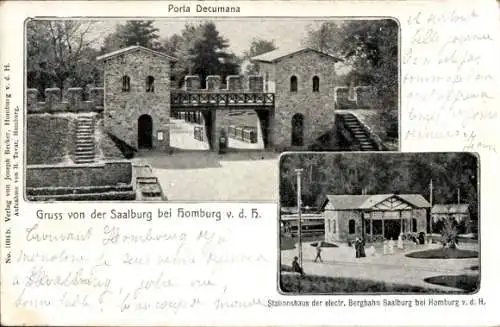 Ak Bad Homburg vor der Höhe Hessen, Kastell Saalburg, Porta Decumana, elektr. Bergbahnstation