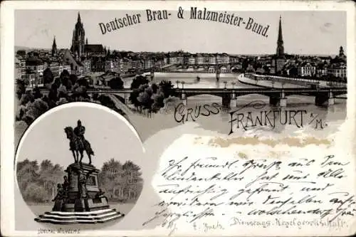 Litho Frankfurt am Main, Main mit Brücke und Stadtpanorama, Reiterdenkmal Wilhelm I