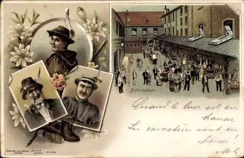 Litho München Bayern, Hofbräuhaus, Personen in Trachten