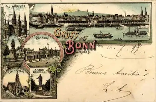 Litho Bonn am Rhein, Münster, Bahnhof, Arndt Denkmal, Kirche, Beethoven Denkmal